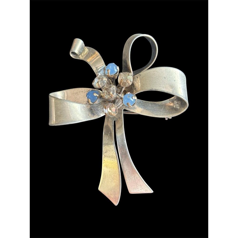 Vtg 1940’s Sterling Silver Bow Brooch Cornflower Blue Glass Stones 925 12.81g